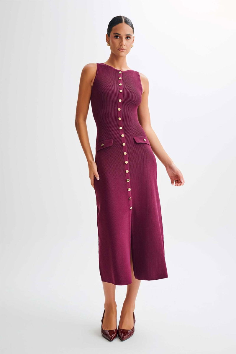 Elegantes Strickkleid ärmelloses Knopfkleid langer Rock_voghion.com
