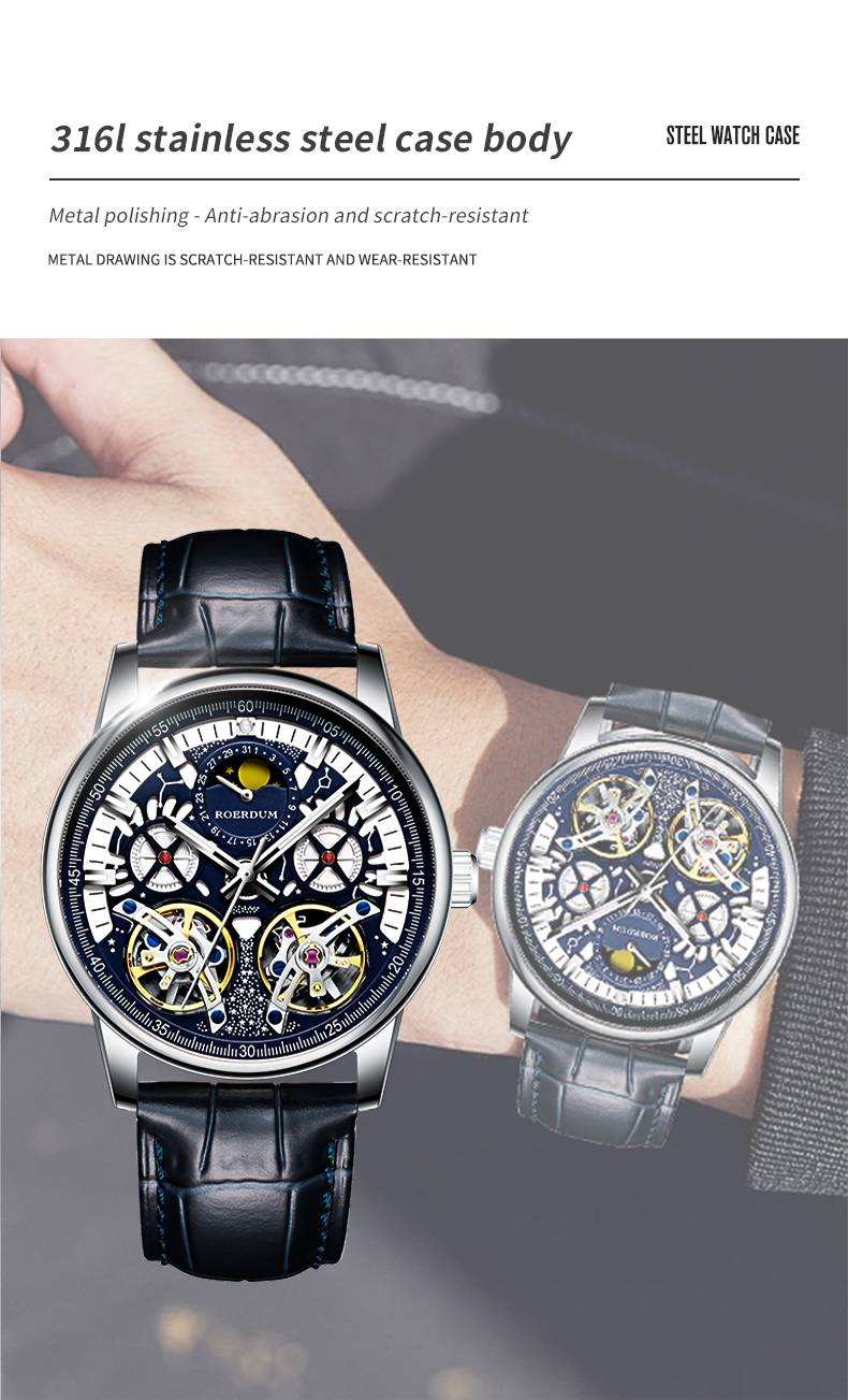 ROERDUM Double Tourbillon Series Skeleton Blue Dial Leather Strap Trendy Fashion Men's Mechanical Watch_voghion.com