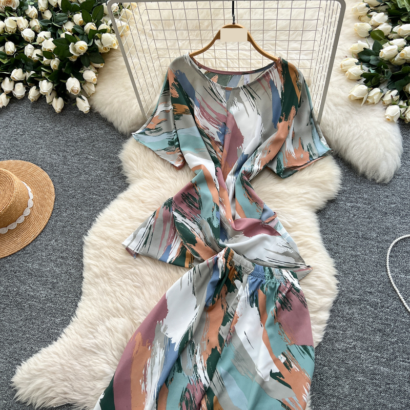 Women's Clothing Two Piece Suit Cross Waist Round Neck Short Sleeves Printed Top High Waist Casual Wide Leg Pants_voghion.com