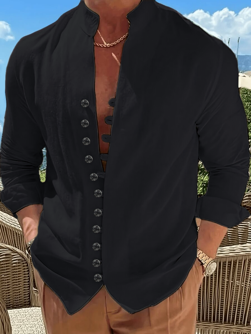 Camicia da uomo in lino di alta qualità - Collo alla coreana dalla vestibilità comoda, camicia traspirante con bottoni per primavera ed estate_voghion.com