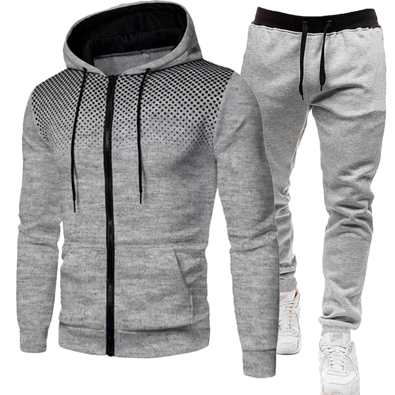Fleecegefüttertes Kapuzenpullover-Set mit Punktmuster und Reißverschluss für Herren und Damen – lässige Sportbekleidung für Herbst und Winter (mehrere Farben und Größen)_voghion.com