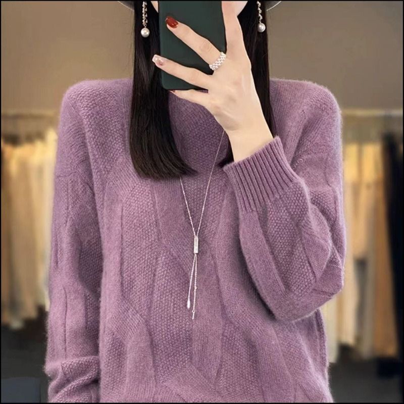 Grobstrickpullover mit hohem Kragen – Oversize-Strickoberteil für Damen mit Zopfmuster (6 neutrale Töne)_voghion.com