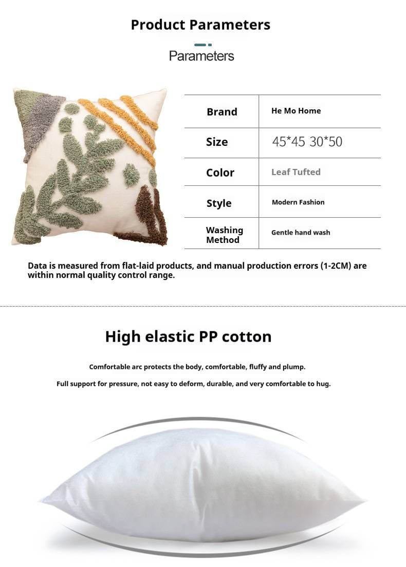 Minimalistischer getufteter Kissenbezug – Kissenhülle mit botanischem Blattdesign für Sofa, Bett und Auto (Polyester-Baumwoll-Mischgewebe, inklusive Einsatz aus PP-Baumwolle)_voghion.com