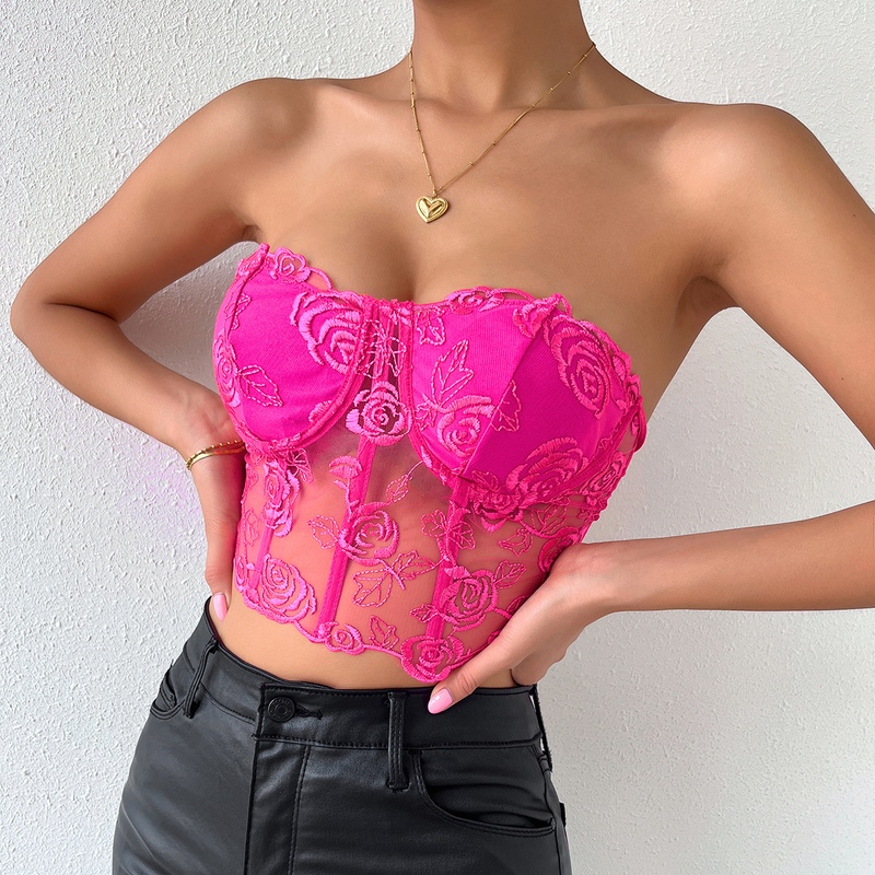 Svart Spicy Girl Skarvad Tredimensionell Blommig Stålring Inlindad Bröst Fiskben Slim Fit Väst För Dam 434_voghion.com