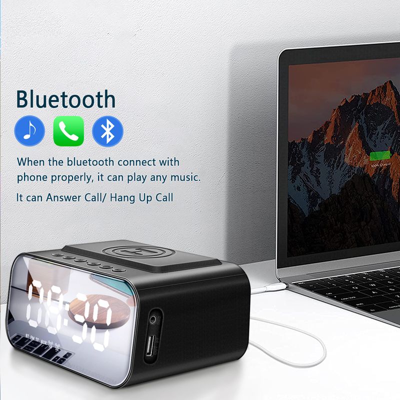 Wireless Charger Alarm Clock Bluetooth Speaker LED Smart Digital Clock Table Electronic Desktop Clocks Fm Radio USB Fast Charger_voghion.com