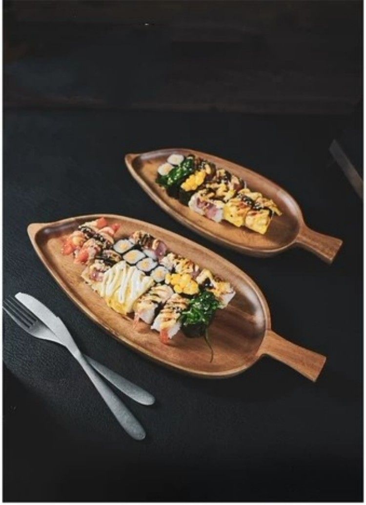 Acacia Wood Leaf-Shaped Serving Tray – Elegant Tea Party Platter For Sushi Snacks & Desserts (Stylish Wooden Display Board Handcrafted)_voghion.com