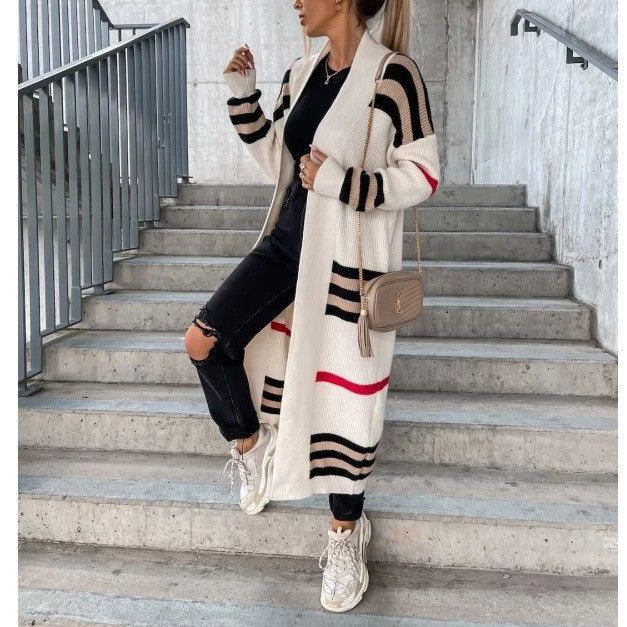 Cardigan en tricot à rayures longues 2024 Veste pull ample surdimensionnée_voghion.com
