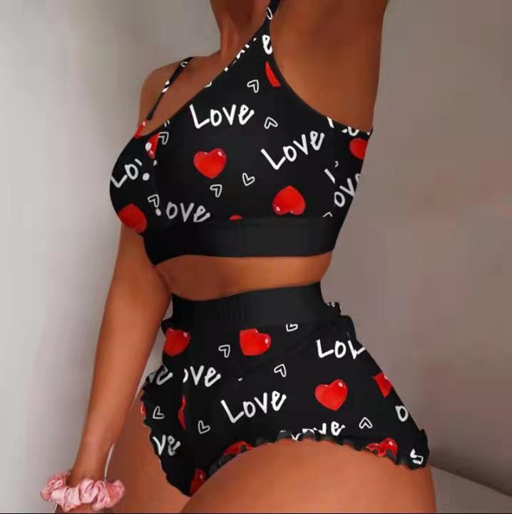 Women's fashionable printed suspenders two-piece set, cool, thin, tight and sweet home clothes_voghion.com