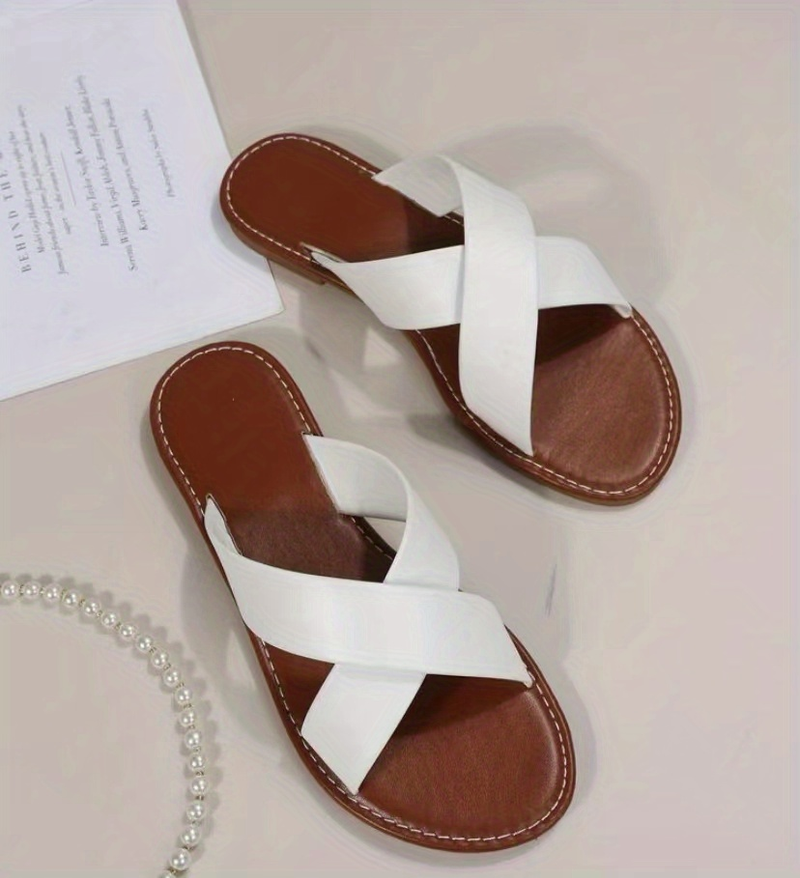 Platte damesslippers met kruisband, effen kleur antislipslippers met open teen, casual strandslippers voor buiten_voghion.com