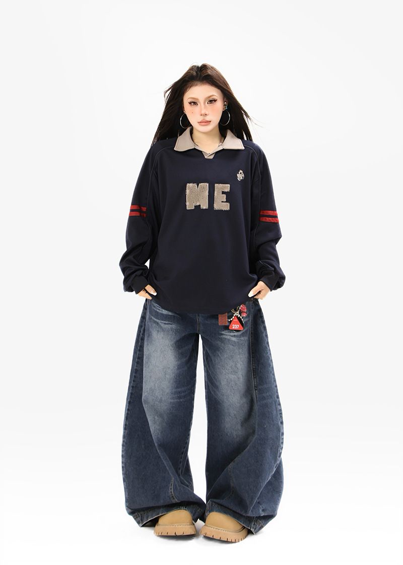 Sweat-shirt à col rabattu avec lettres brodées, style américain, unisexe, nouveau polo ample et décontracté en jersey 2025_voghion.com