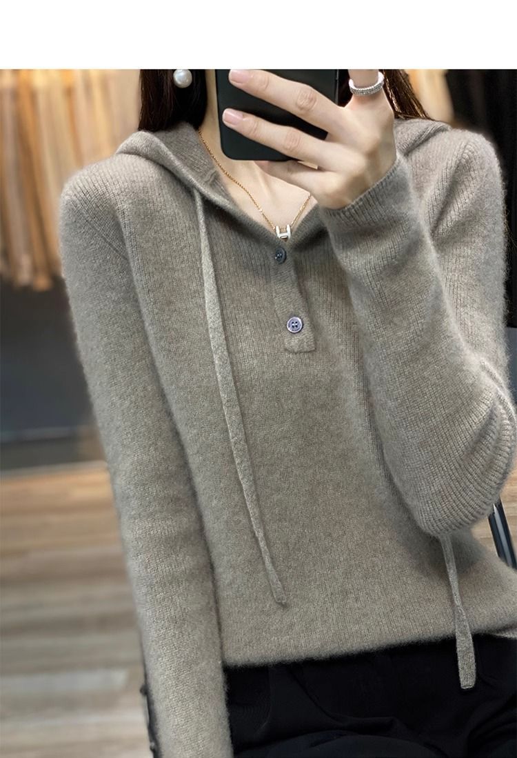 【 Cashmere Family 】 Korean version loose short wool base sweater women's hooded sweatshirt thick knit inner layer_voghion.com