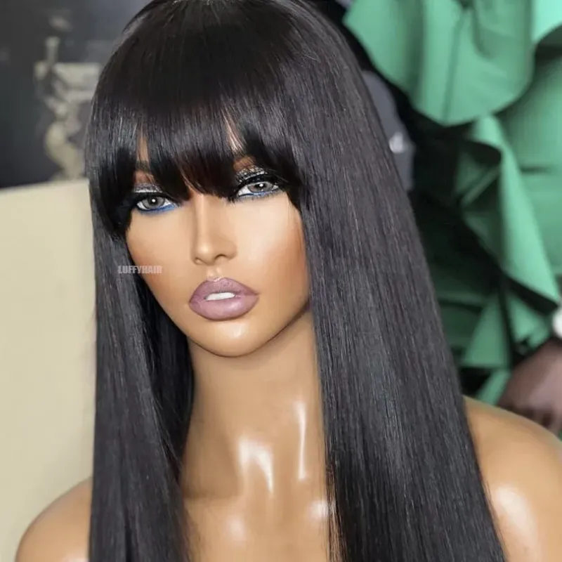 Braune Perücke mat Pony, Bob, Blunt, Seidbasisverschluss, Spitzenperück fir Fraen, 14 Zoll, 200 Dicht_voghion.com