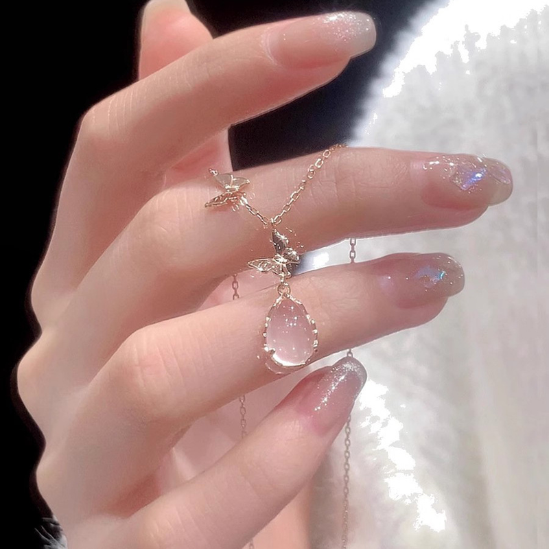 Kızlar için pembe kristal su damlası kelebek kolye, hafif lüks, niş, üst düzey tasarım, Instagram stili,_voghion.com