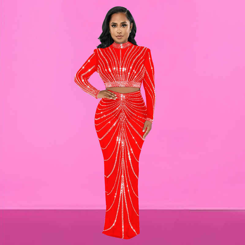Kadın Giyim Mesh Mesh See Through Uzun Kollu Uzun Etek İki Parça Set_voghion.com
