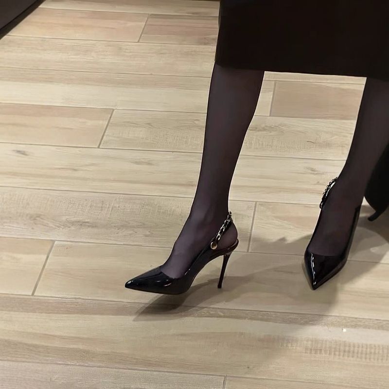 2024 New Patent Leather Chain Elegant Sexy Black Pointed Toe Stiletto French Style High Heels Women's Closed-Toe Sandals_voghion.com