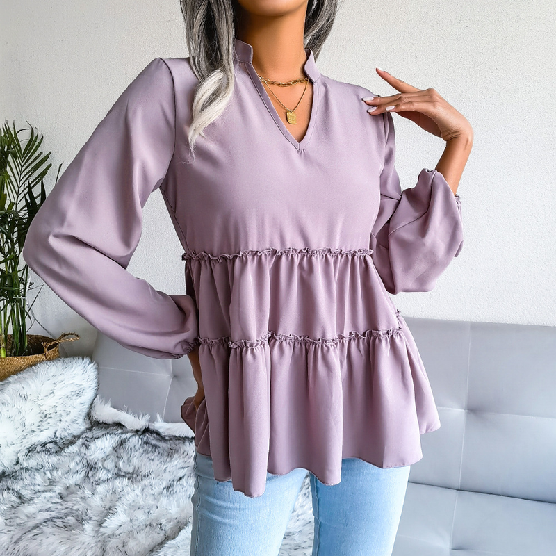 2023 Lantern Long Sleeve Casual Loose Ruffle Hem Chiffon Blouse Women's Fashion_voghion.com
