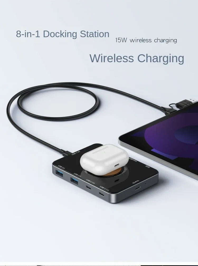 8 az 1-ben USB C Hub 5Gbps C típusú dokkolóállomás 15W vezeték nélküli gyorstöltés TF/SD kártyaolvasó QC/PD tápcsatlakozó telefonhoz és számítógéphez_voghion.com