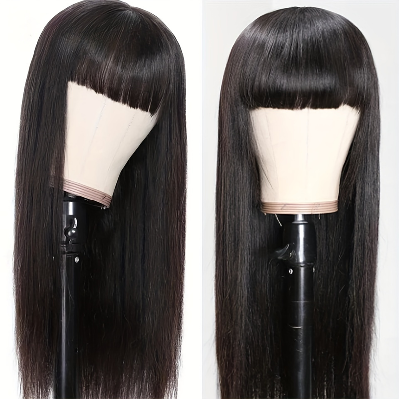 Perruque de cheveux humains avec frange complète, cheveux lisses et lisses, 100% cheveux humains, couleur naturelle_voghion.com