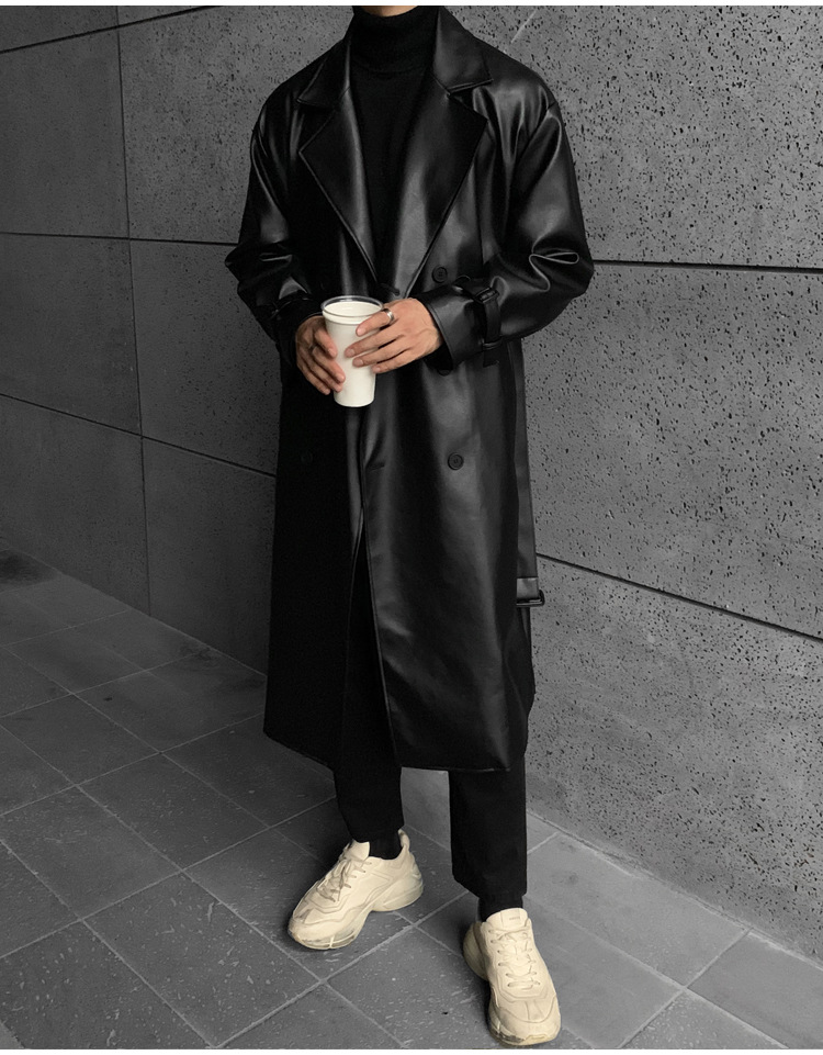 Roupas masculinas cor sólida casaco longo de couro casaco solto trench coat fashion casaco_voghion.com