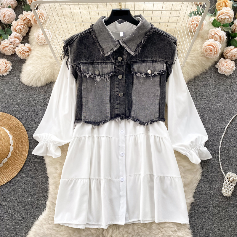 populära tvådelade kostymer, koreanska damkläder, designjacka i jeansväst, mångsidig babydollkjol, fashionabla tvådelade kostymer_voghion.com