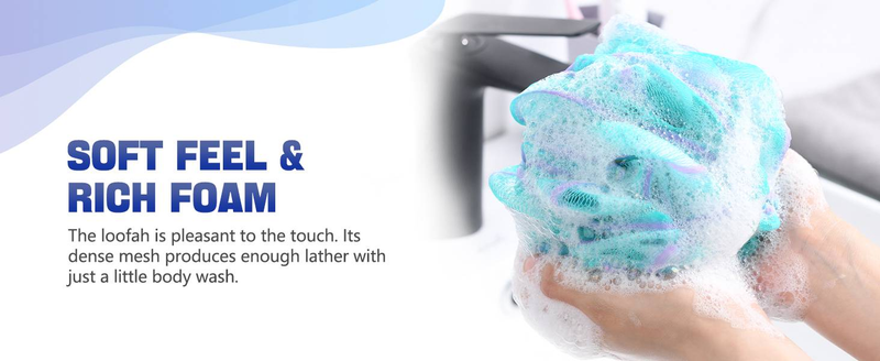 Éponge luffa AmazerBath 75 g/pièce, éponge de bain exfoliante pour le corps – Lot de 4 éponges luffa couleur fleur (grande, vert-violet)_voghion.com