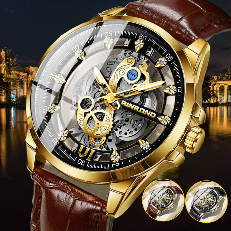 Orologio da polso al quarzo da uomo, stile business, con design scheletrato, impermeabile, luminoso, con cinturino in pelle._voghion.com