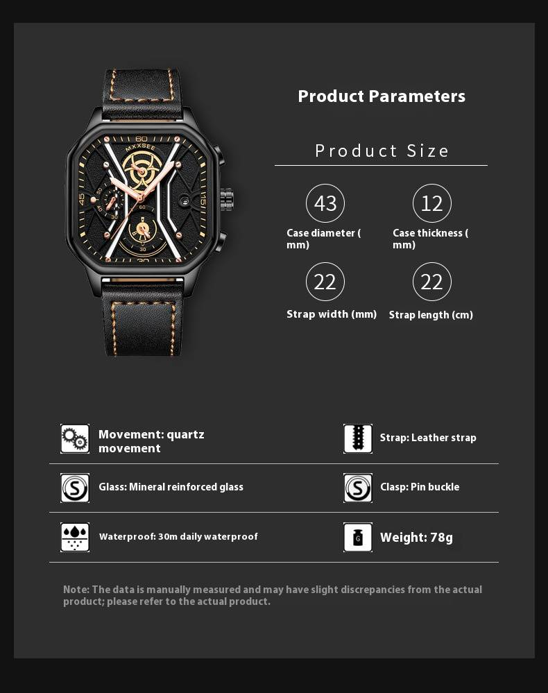 Orologio sportivo al quarzo da uomo con datario, lancette luminose, resistenza all'acqua fino a 30 m, cinturino in pelle, fibbia in acciaio inossidabile, vetro minerale._voghion.com