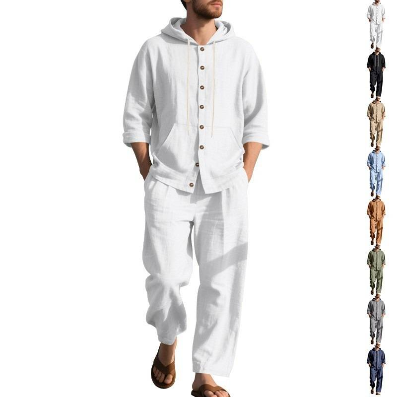 Men's Linen Hooded Shirt And Pants Set - Casual Loose Fit Beachwear For Spring & Fall - Breathable Long Sleeve Top With Relaxed Fit Trousers_voghion.com