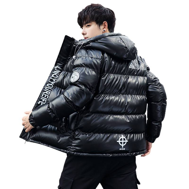 Men's Clothing Unisex Winter Puffer Jacket - Trendy Nylon Coated Hooded Coat With Fleece Lining For Couples (Glossy Black, Metallic Gray)_voghion.com