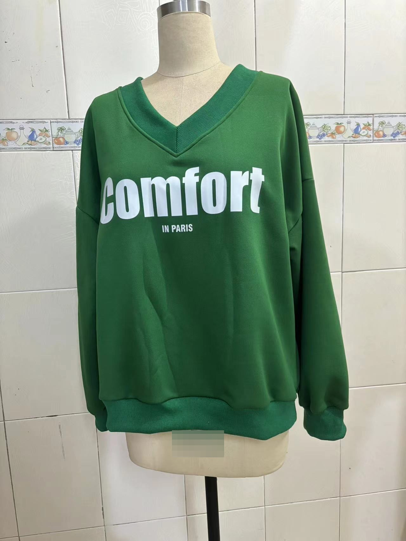 Women's Fashion V-Neck Casual Sweatshirt - Loose Fit Long Sleeve Pullover With Letter Print, Comfortable Polyester Blend, Multiple Colors_voghion.com