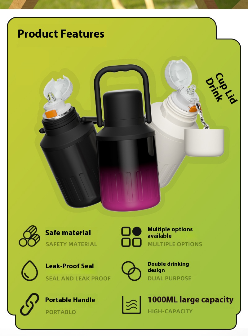 1000 ml Premium-Vakuumisolierter Becher aus 316er Edelstahl – Moderner Autobecher mit auslaufsicherem Klappdeckel und Strohhalm, doppelwandige Wärmespeicherung_voghion.com
