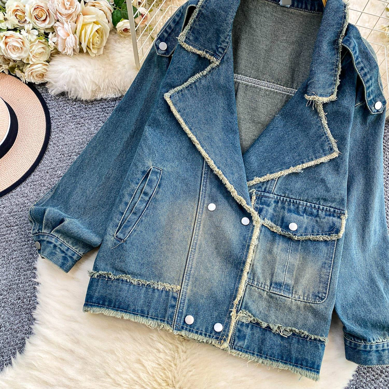 Vintage Distressed Fransen Jeansjacke Damen Oversized Doppelbrust Blazer Mantel Herbst Winter Casual Boho Chic Quaste Langarm Top_voghion.com