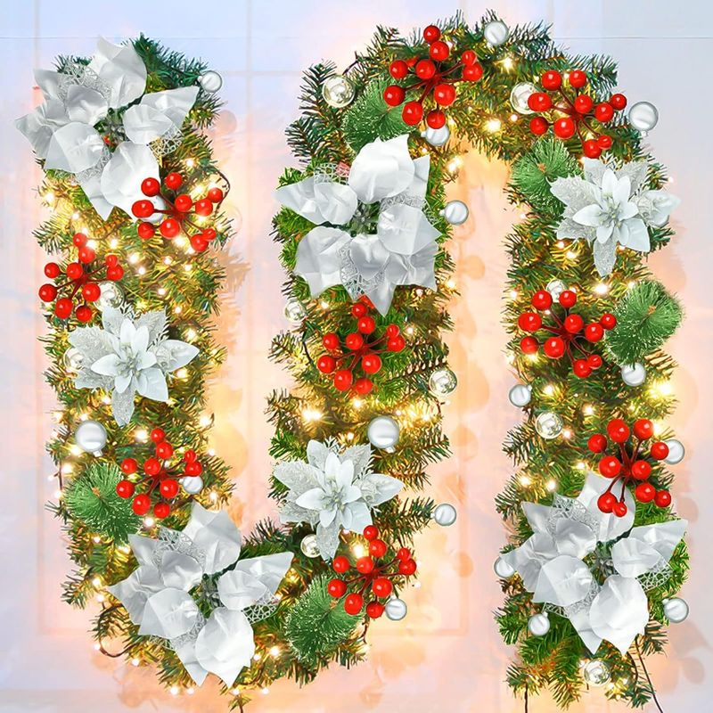 Ghirlanda natalizia da 2,7 m/1,8 m con 50 luci LED, resistente decorazione natalizia in PVC da appendere alla porta per albero di Natale, parete, camino_voghion.com