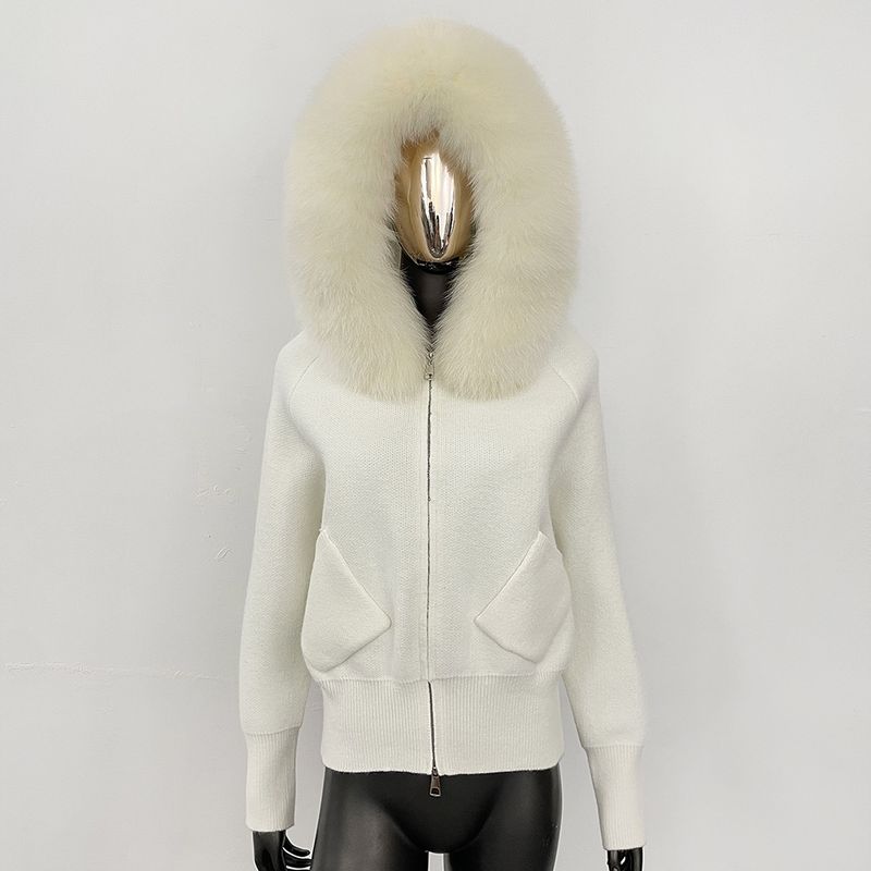 Luxuriöse Strickjacke mit Kapuze und Fuchspelzbesatz – Weicher Strickpullover aus Schaf-Kaschmir-Mischgewebe für Damen, eleganter, locker sitzender Freizeitpullover_voghion.com