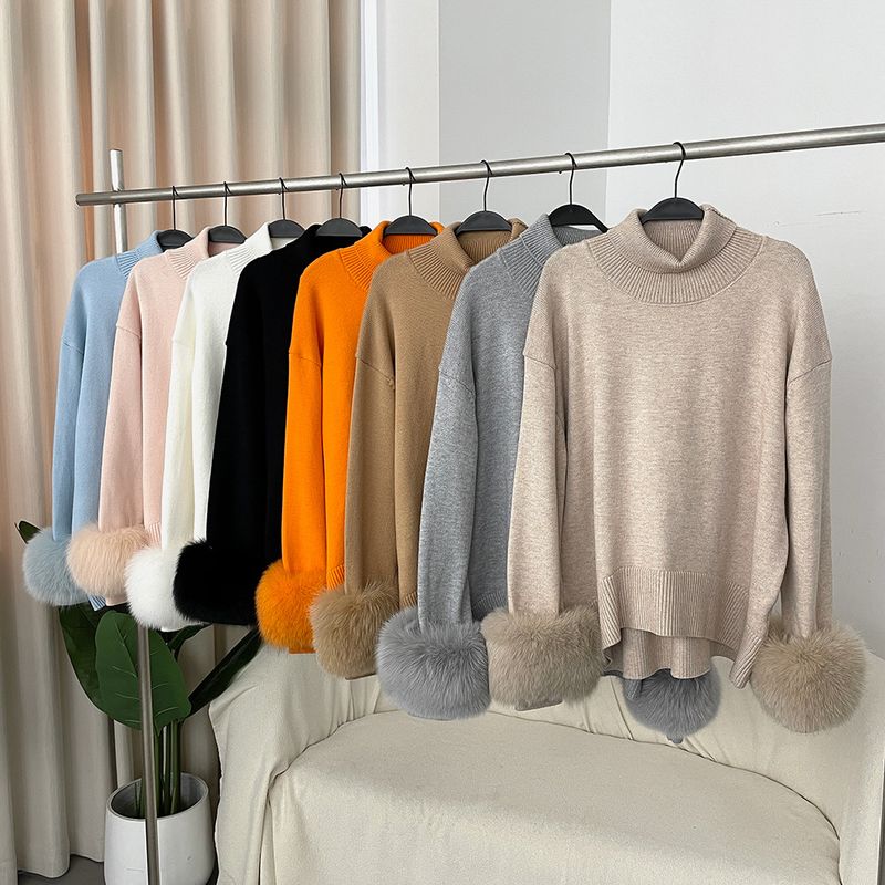 Damenbekleidung Heißer Verkauf Damen Herbst und Winter neuer verdickter hochgeschlossener lockerer Strickpullover mit abnehmbaren Manschetten aus echtem Fuchs_voghion.com