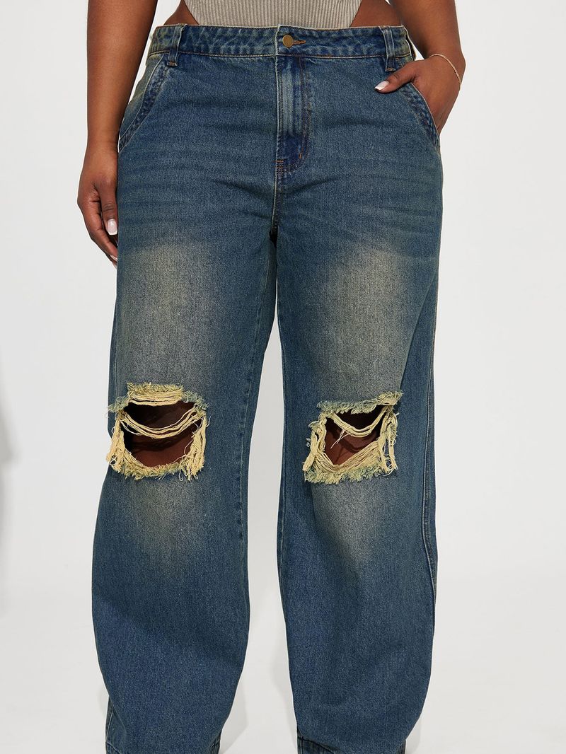 Pantaloni in denim a gamba larga con fori al ginocchio lavati da donna_voghion.com