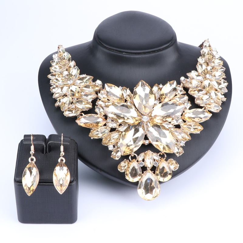 Kristall-Choker-Statement-Halskette, Ohrring-Schmuckset, Strass-Hochzeitsgeschenk, Frauen, Bräute, Abschlussball, Party_voghion.com