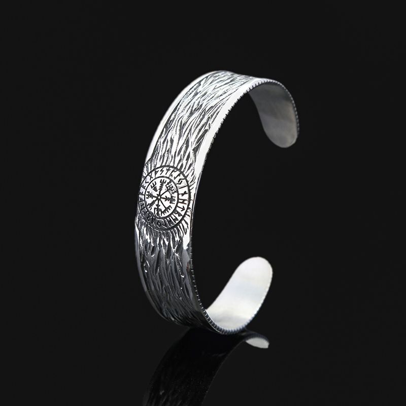 Braccialetto versatile da uomo in acciaio inossidabile con mitologia nordica e vichingo, stile retrò, con rune antiche e bracciale aperto solido_voghion.com