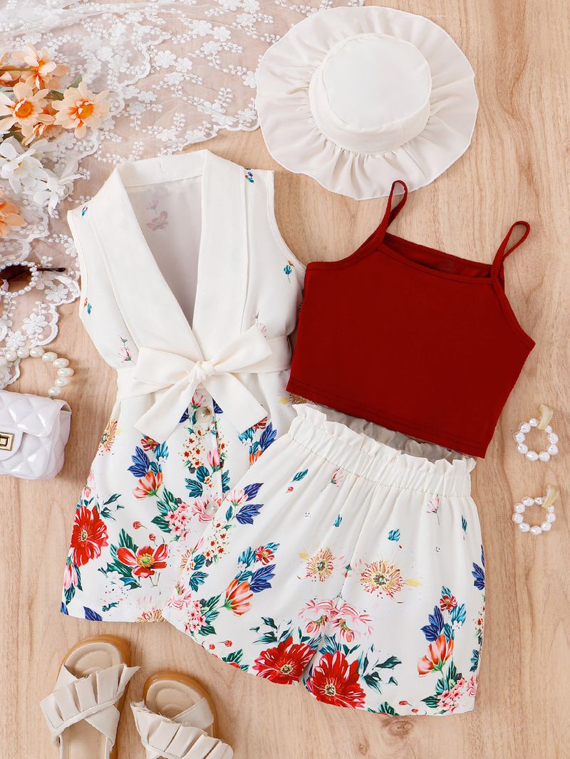 Set di canottiere francesi estive per ragazze in saldo, leggings senza maniche, abito stampato, cappello_voghion.com