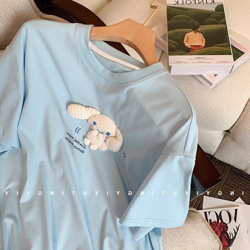 Maglietta a maniche corte con stampa di un simpatico cane alla cannella, azzurra, da donna, estiva, stile Hong Kong_voghion.com