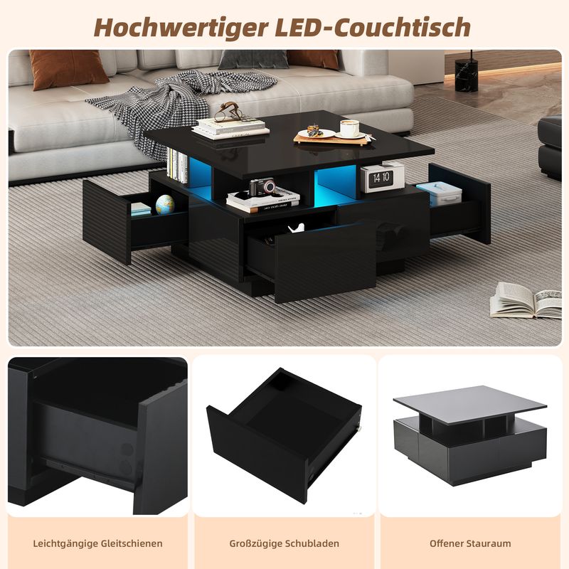 Table basse de salon noire brillante 70 x 70 x 40 cm avec éclairage LED, table d'appoint à 4 tiroirs, design géométrique, capacité de charge de 30 kg._voghion.com
