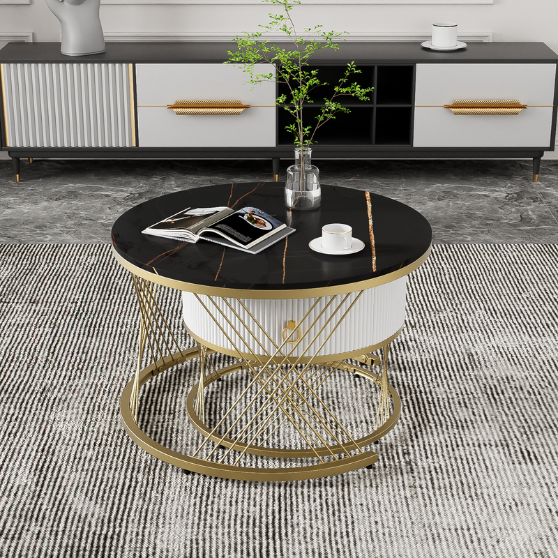 Ensemble de tables basses modulaires élégantes : aspect marbre avec touches dorées, tables d'appoint gigognes avec tiroirs – Ensemble 2 pièces_voghion.com
