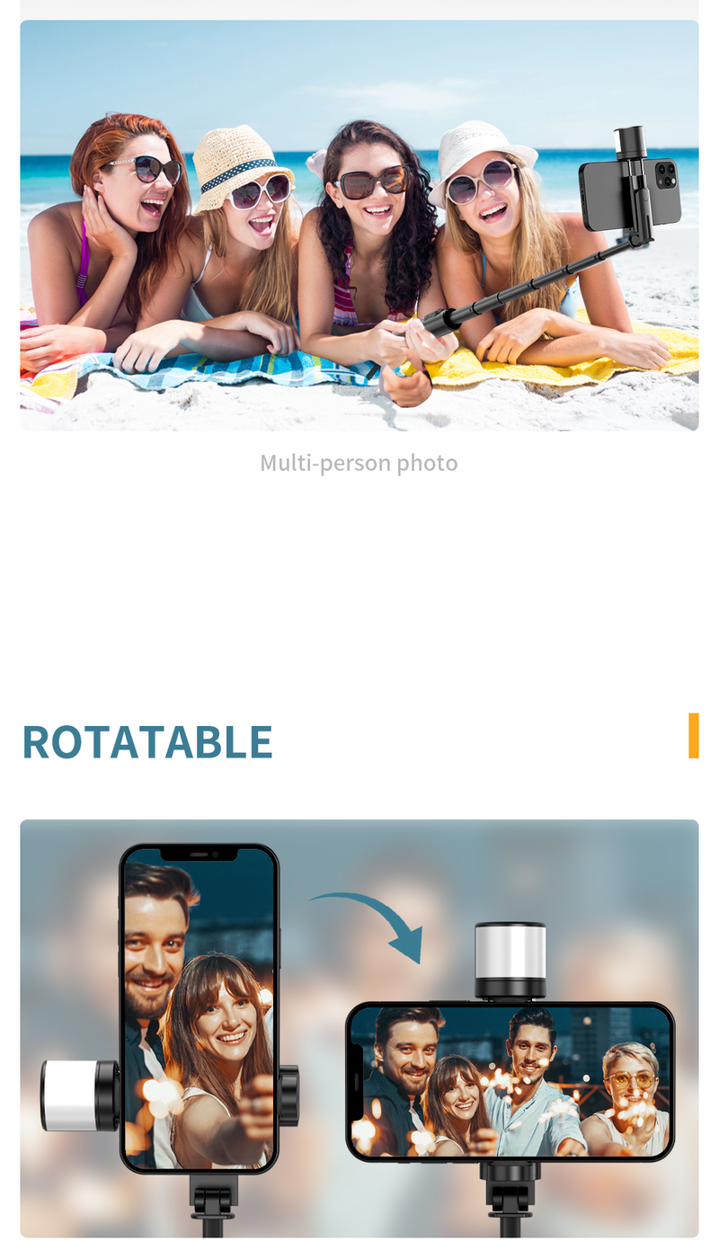Treppiede con luce di riempimento rotante a 360° per una maggiore stabilità e selfie stick portatile in alluminio espandibile_voghion.com
