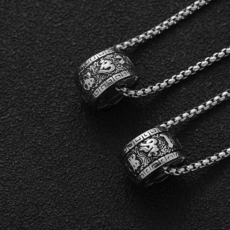 Buddismo tibetano Acciaio inossidabile Sei parole Mantra Collana Uomo Preghiera circolare Collana pendente spirituale Gioielli da donna_voghion.com