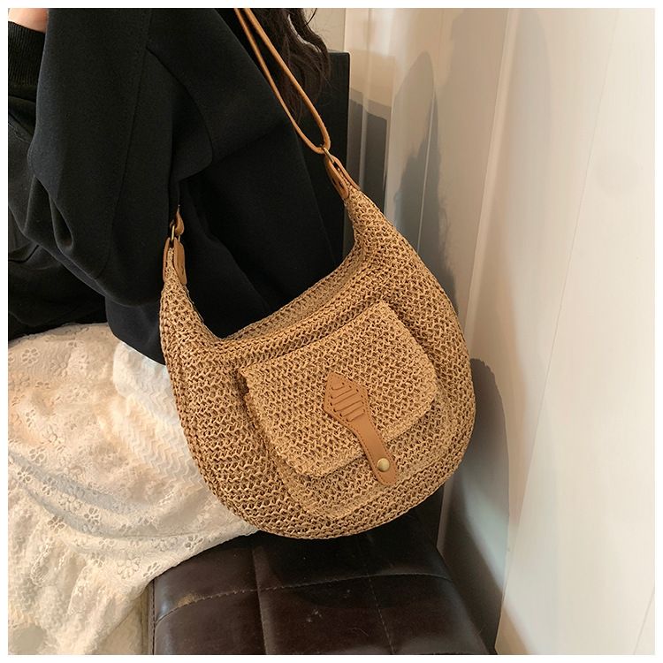 Straw Bag Woven Bag Casual Holiday Wind Straw Bag Women's Single Shoulder Underarm Saddle Bag Large Capacity Beach Bag_voghion.com