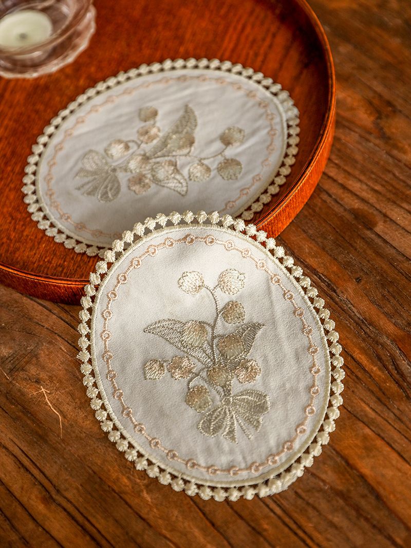 French Lily Of The Valley Cotton Coasters – Round Embroidered Floral Table Mats, Heat-Resistant & Decorative For Tea Time & Dining_voghion.com