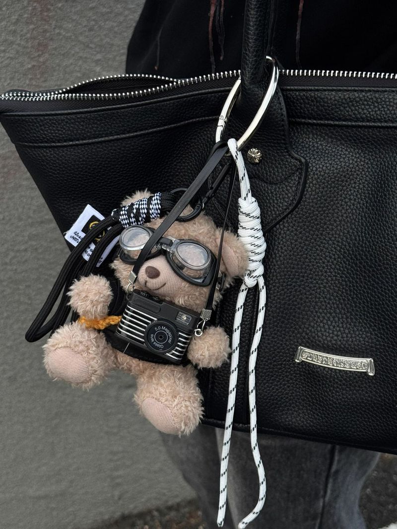 Bezaubernder Mini-Bär-Schlüsselanhänger mit Kamera-Design – süßes Plüschtier für Taschen, Rucksäcke und Geschenke. Puppenpaar, Kamerabär, selbstgemachtes geflochtenes Seil._voghion.com