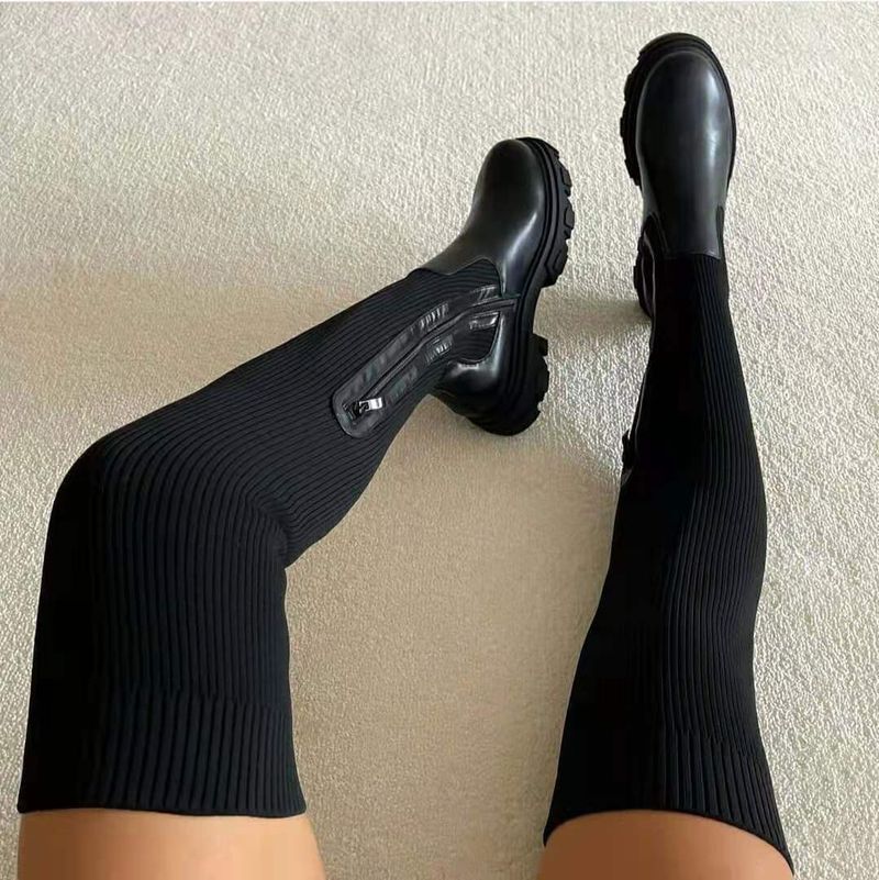 Women’s Shoes Thick Bottom Round Head Knitted Stitching Over-the-knee Women's Boots_voghion.com