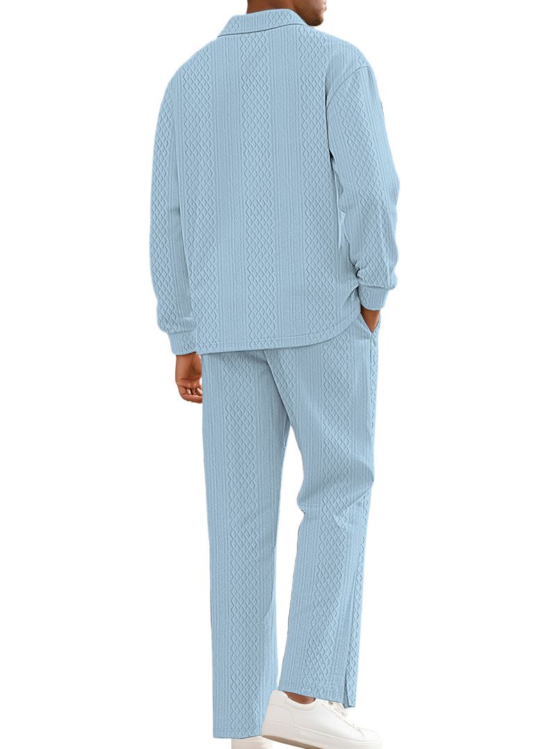 Herenkleding Heren Casual Gestructureerd Poloshirt & Broekset - Lange Mouw Effen Kleur Breiwerk Voor Dagelijks Comfort_voghion.com