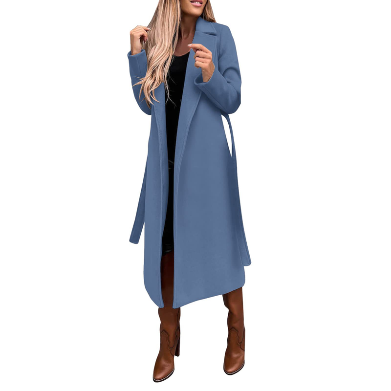 Autumn and winter women's solid color lapel long-sleeved woolen jacket simple strappy windbreaker_voghion.com